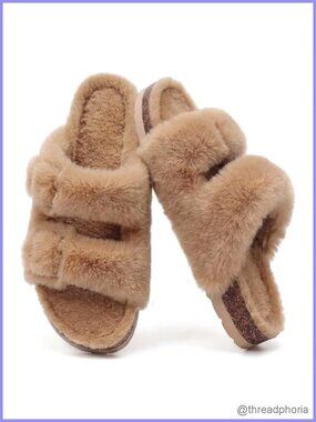 Fuzzy Faux Fur Slippers Cork Footbed Fluffy Slides Adjustable Buckle
